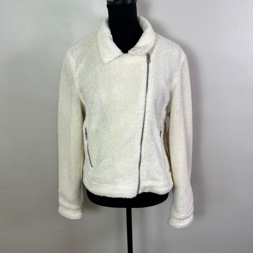 NWT - Shinestar Collection Fuzzy Sherpa Moto Jacket Womens Size L White